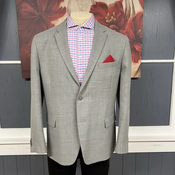 Tommy Hilfiger Hopsack Blazer Mens 46S Short Slim Fit Wool Blend Stretch Gray - Picture 2 of 11